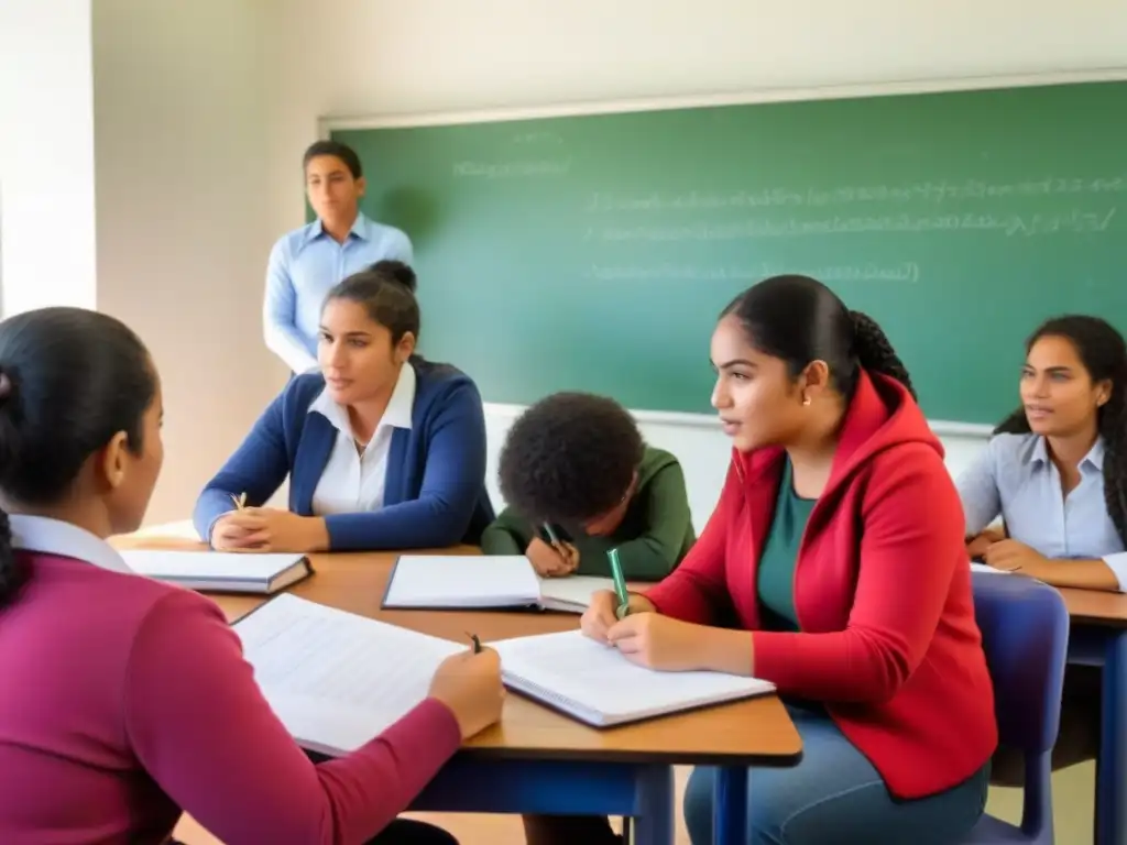 Vibrante discusión sobre educación cívica en aula uruguaya, alumnos diversos atentos a pizarra iluminada