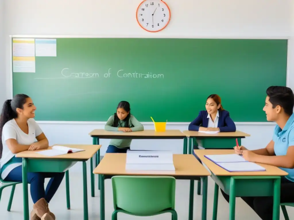 Vibrante clase de idiomas en Uruguay, con estudiantes diversos concentrados y entusiasmados en actividades educativas