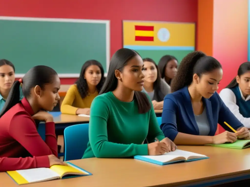 Vibrante clase de español como segunda lengua en Uruguay, alumnos concentrados y entusiastas rodeados de material colorido de aprendizaje