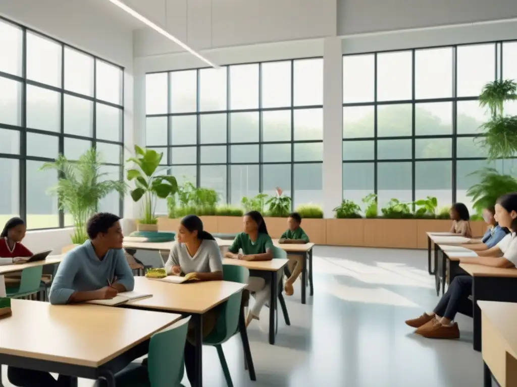 Aula ecofriendly: estudiantes debaten sustentabilidad en ambiente armonioso Vibrante clase sobre educación sostenible en Uruguay: alumnos diversos debatiendo rodeados de plantas y materiales ecológicos