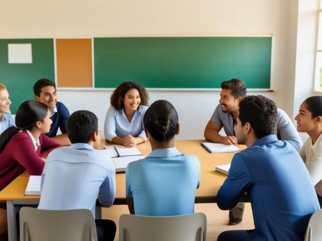 Vibrante colaboración de estudiantes diversos en aula uruguaya, reflejando la inclusión y progreso en las reformas educativas Uruguay