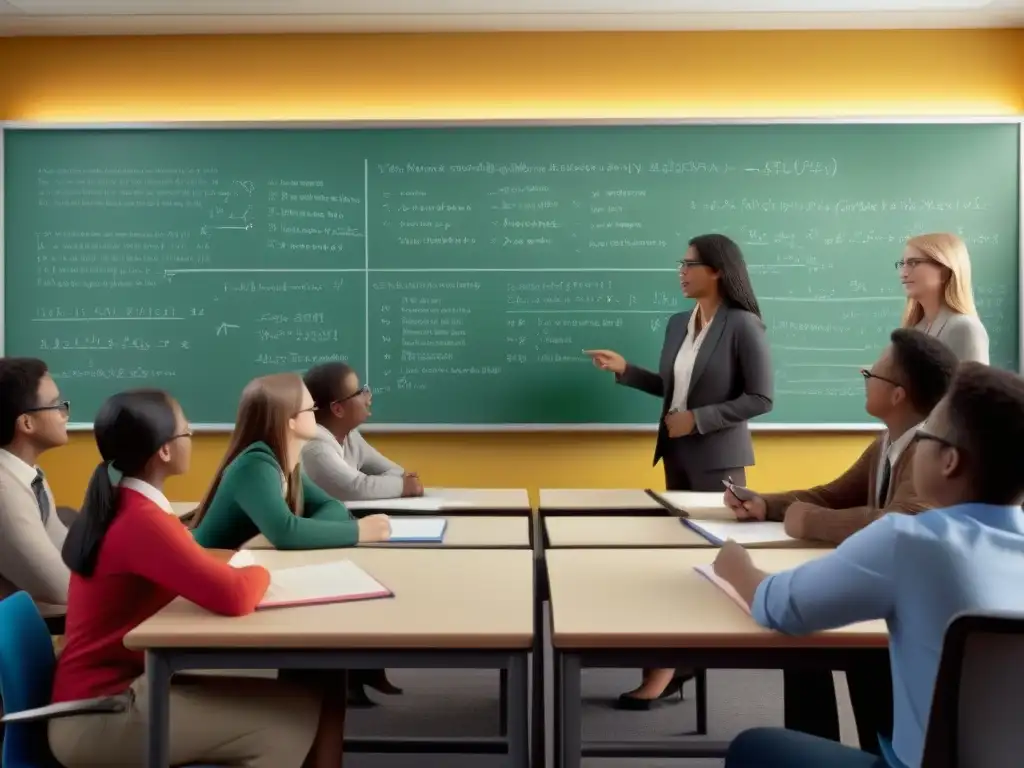 Vibrante debate educativo en aula con estudiantes y profesores Vibrante debate en aula educativa con estudiantes y profesores, materiales coloridos y pizarrón lleno de ecuaciones