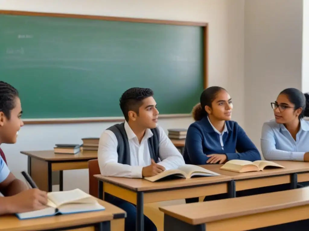 Un vibrante debate de educación cívica en Uruguay con estudiantes diversos expresando curiosidad y compromiso en un aula minimalista