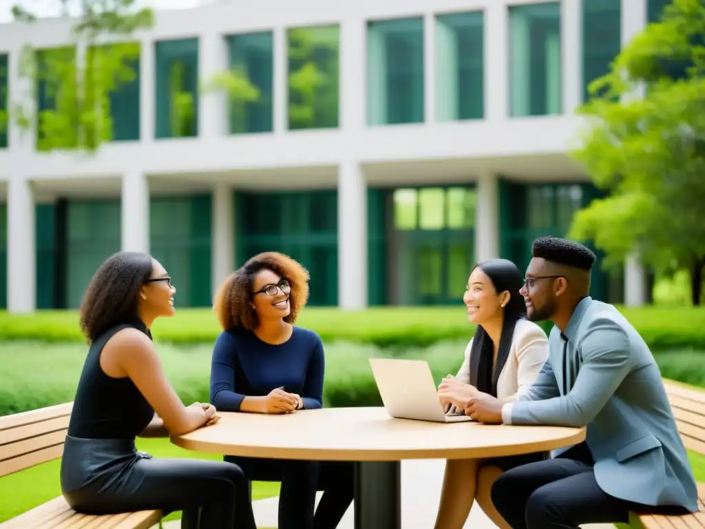 Vibrante debate entre estudiantes en campus universitario, simbolizando la diversidad cultural y colaboración académica