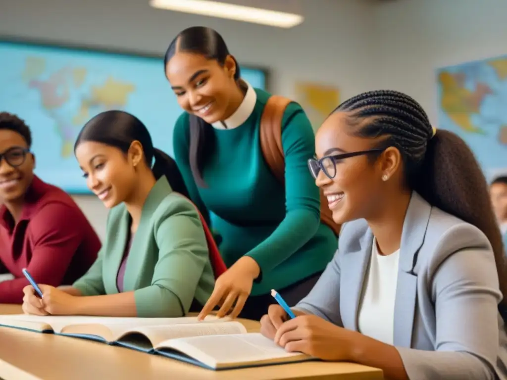 Vibrante diálogo intercultural en escuelas Uruguay, estudiantes diversos debaten en un aula moderna y luminosa