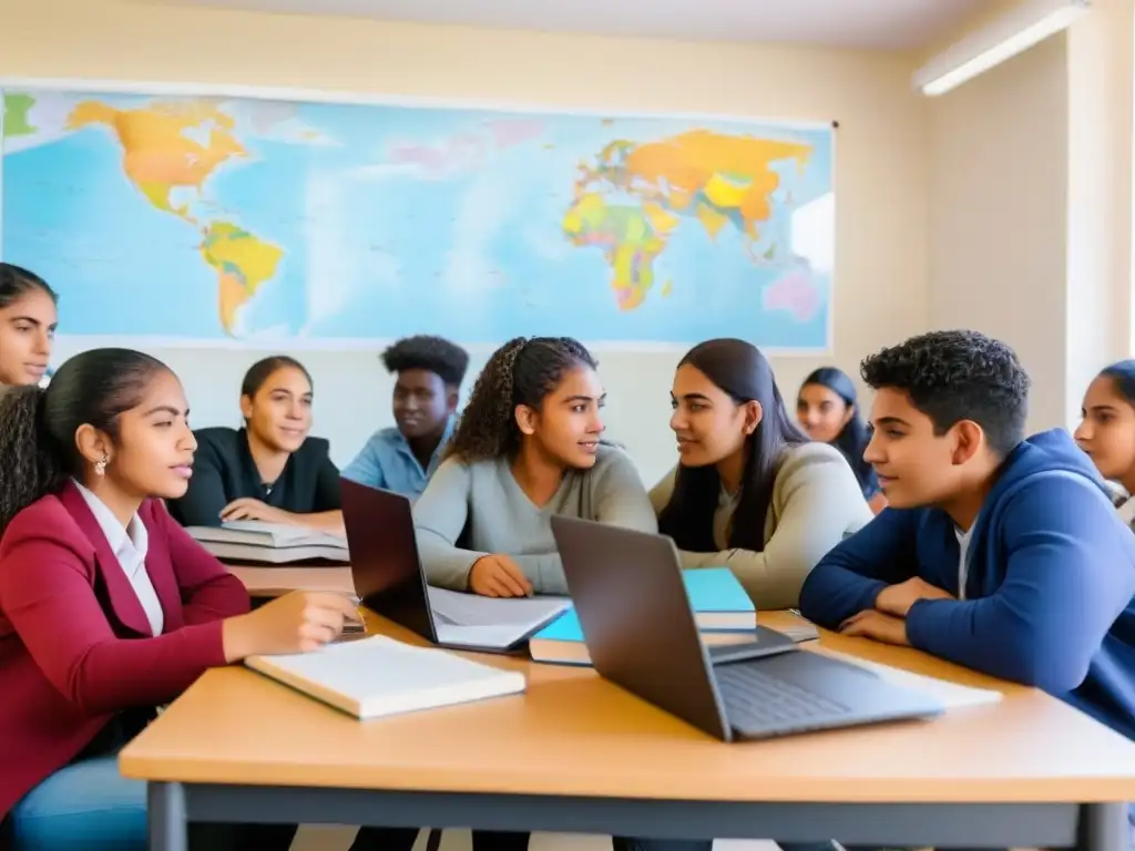 Vibrante discusión en aula uruguaya con diversidad étnica y de género, fomentando la retención escolar en Uruguay