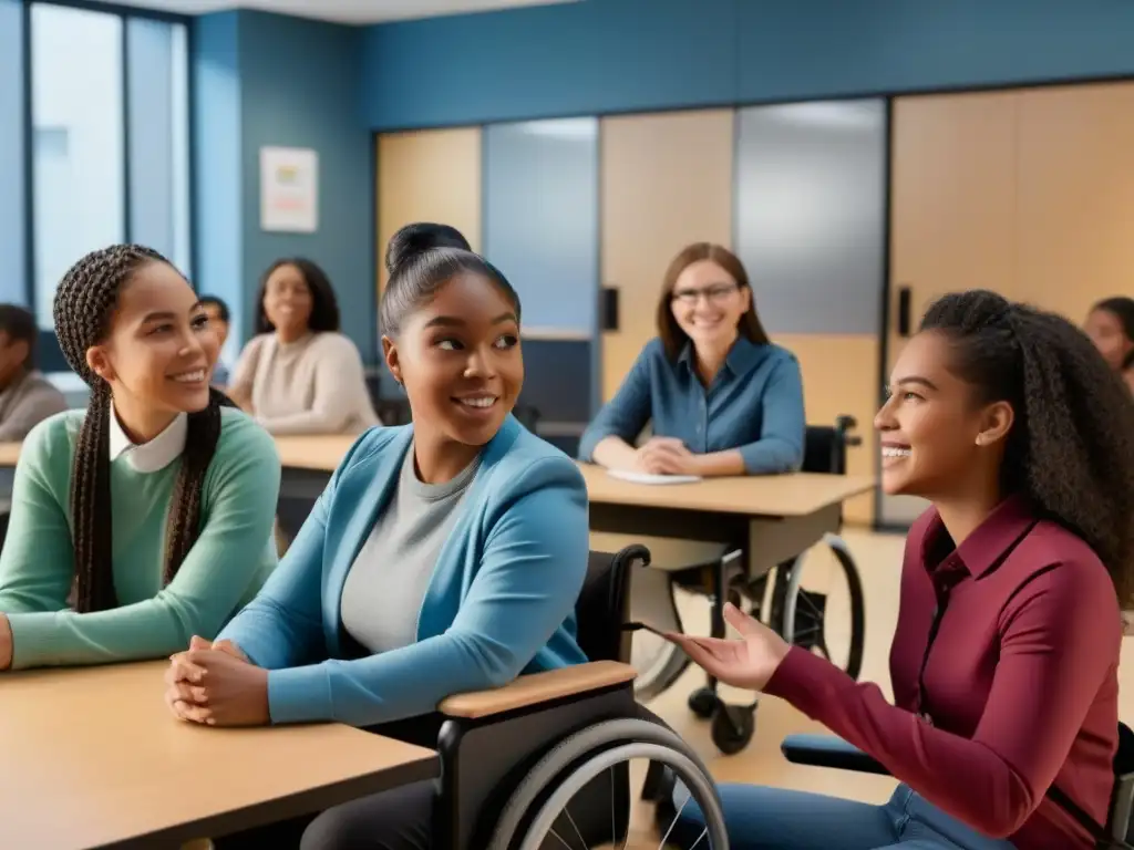 Vibrante discusión entre estudiantes diversos en aula inclusiva con métodos de enseñanza inclusivos en Uruguay