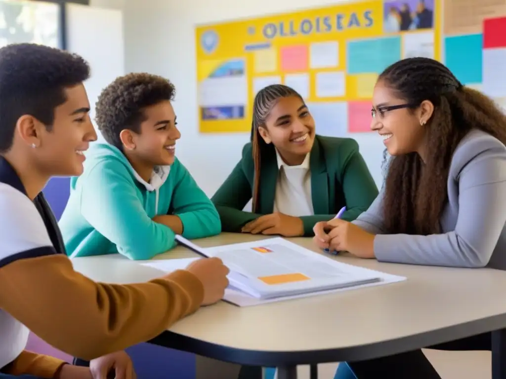 Vibrante discusión de estudiantes de secundaria en Uruguay, fomentando colaboración y pensamiento crítico