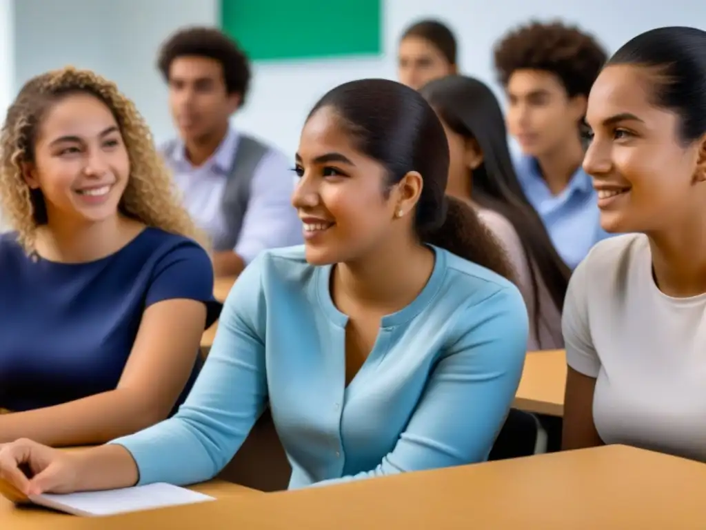 Vibrante discusión entre estudiantes uruguayos de diferentes etnias y géneros en aula moderna