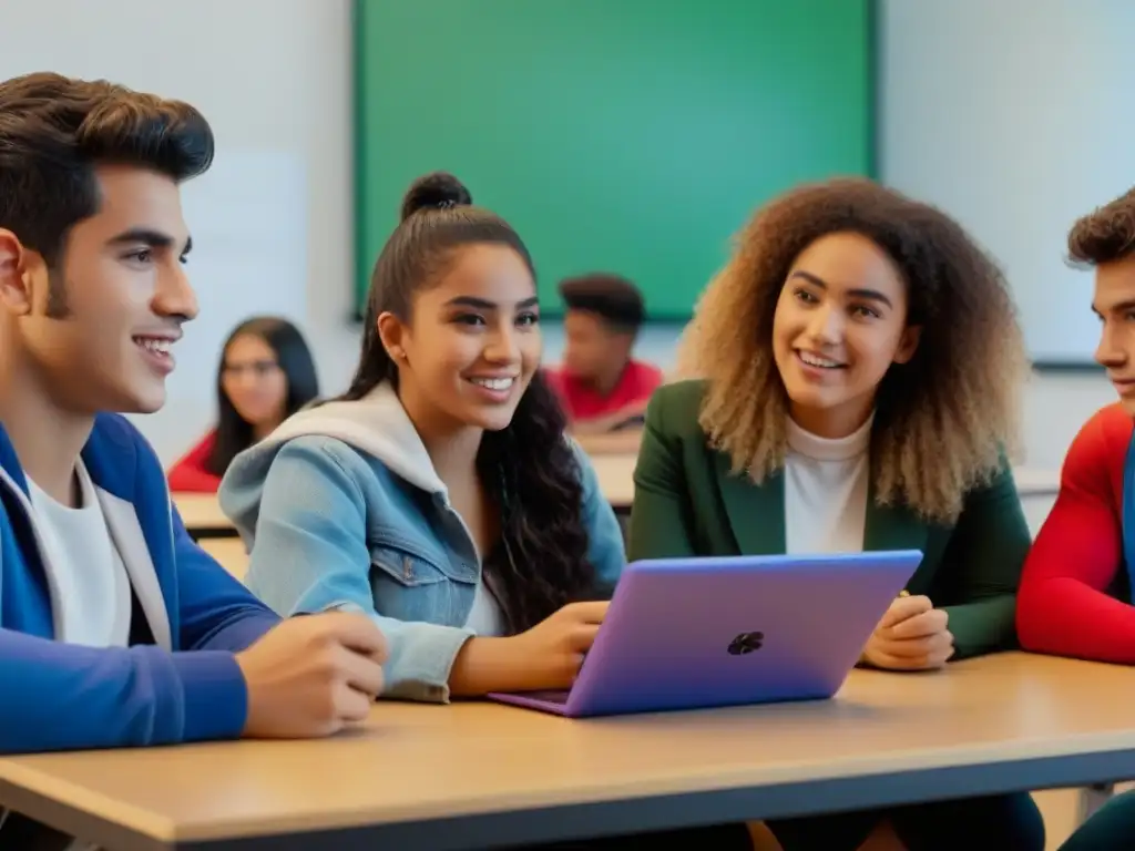 Vibrante discusión de estudiantes uruguayos sobre cultura pop, rodeados de tecnología educativa en aula minimalista