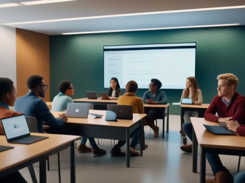 Vibrante discusión educativa en aula moderna con diversidad de estudiantes y tecnología