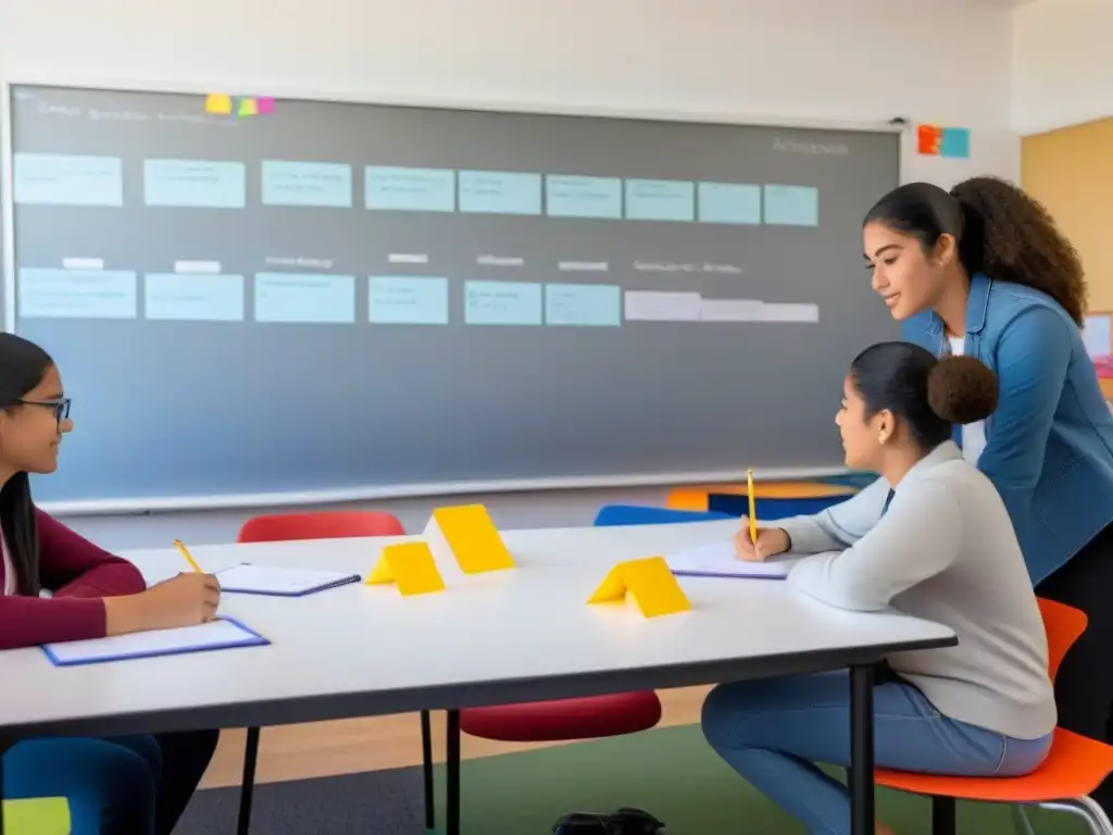 Vibrante escena de Aprendizaje Basado en Proyectos en Uruguay, con alumnos colaborando creativamente en un aula