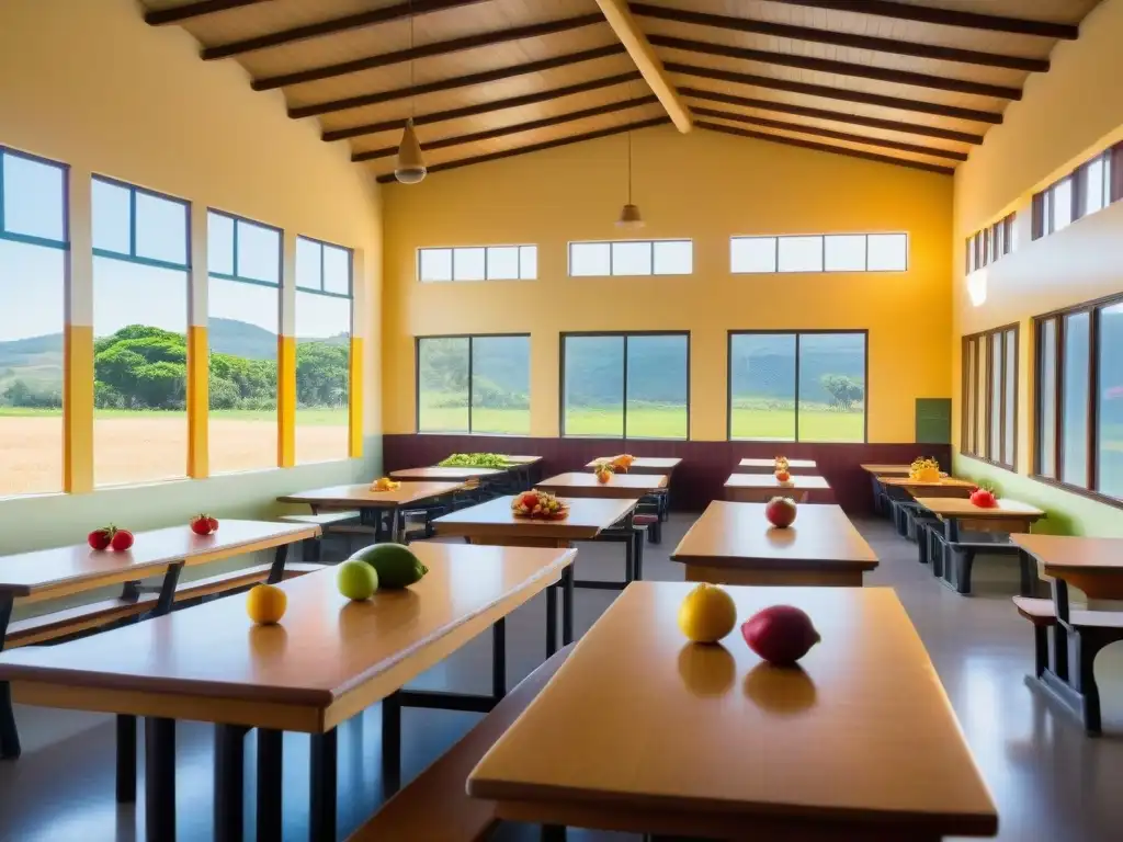 Vibrante escena de una cafetería escolar en Uruguay, resaltando la importancia de la alimentación saludable en escuelas rurales