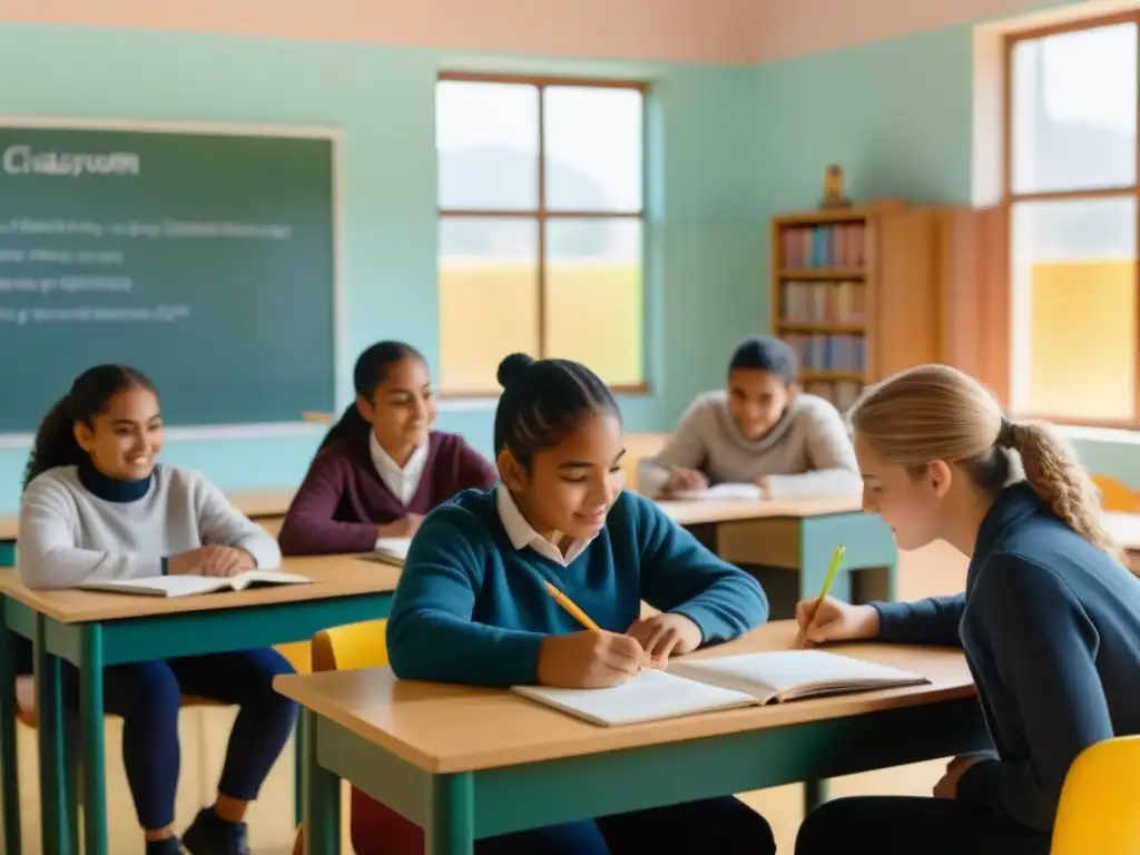 Vibrante escena educativa con Suggestopedia: aula luminosa en Uruguay con estudiantes inmersos en lección de idiomas