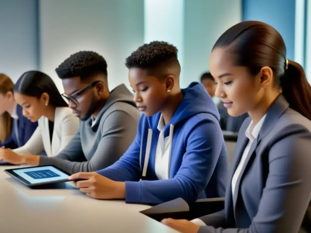 Vibrante escena de estudiantes colaborando en un proyecto, rodeados de tecnología en un aula moderna