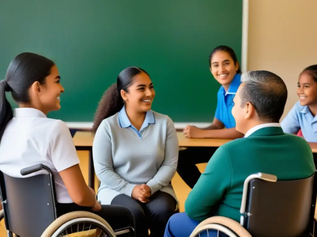 Una vibrante escena de educación inclusiva en Uruguay: estudiantes diversos participan animadamente en clase