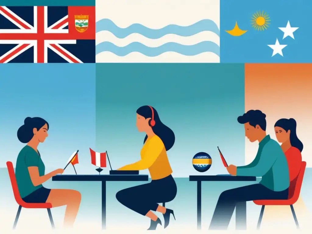 Vibrante ilustración de estudiantes en actividades bilingües en Uruguay, con elementos culturales y banderas integradas