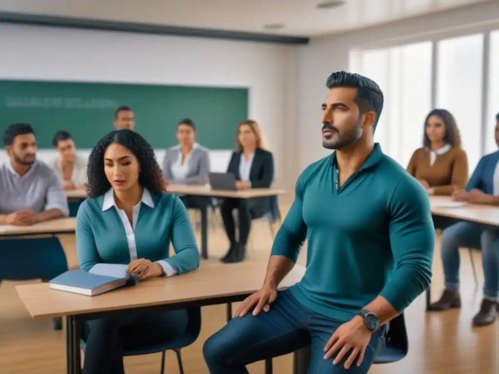 Formación interactiva en aula moderna en Uruguay Vibrante sesión de capacitación en educación en Uruguay con estudiantes diversos participando activamente en un aula moderna