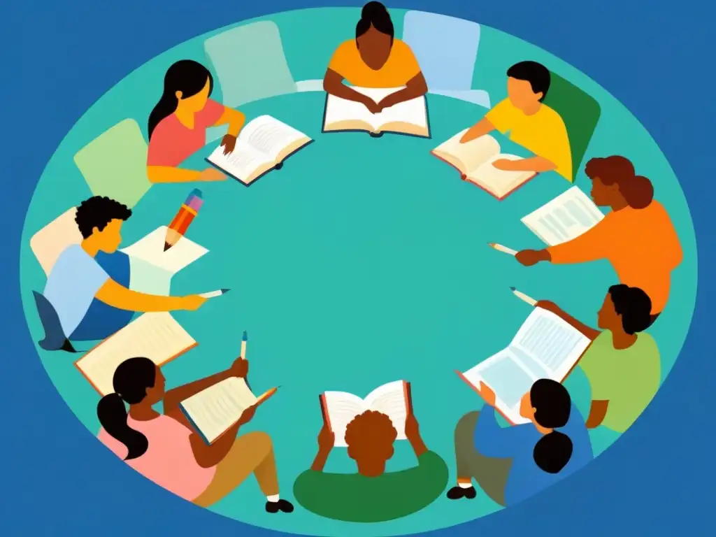 Círculo inclusivo: estudiantes diversos unidos en armonía educativa Ilustración vibrante de estudiantes diversos discutiendo en círculo, rodeados de símbolos educativos