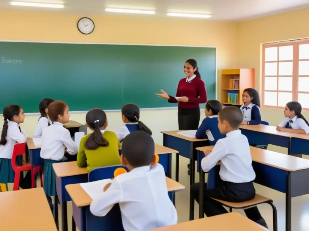 Vibrante aula uruguaya con TPR, estudiantes diversos en actividad educativa