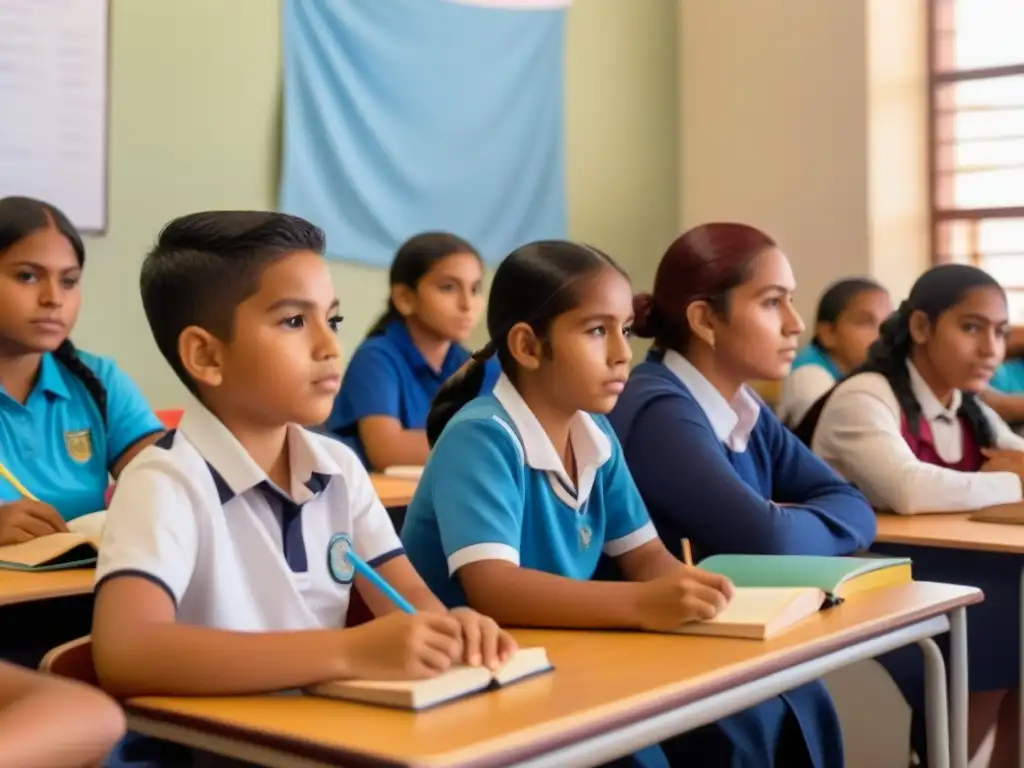 Una ilustración vibrante de estudiantes indígenas en un aula, resaltando la educación en Uruguay y las lenguas indígenas