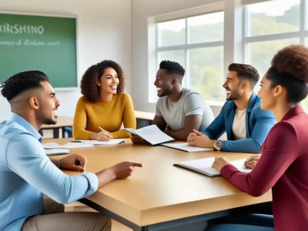 Vibrante grupo de estudiantes diversos colaborando en un aula moderna en Uruguay