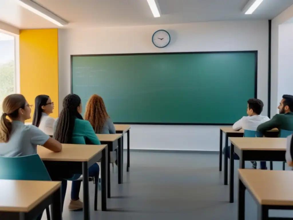 Vibrante aula uruguaya con influencia europea en el sistema educativo, estudiantes diversos discutiendo animadamente