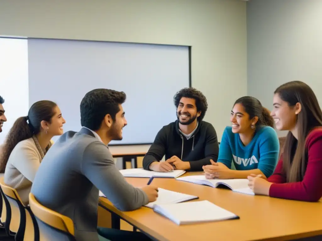 Vibrante intercambio cultural entre estudiantes uruguayos y extranjeros en aula universitaria moderna