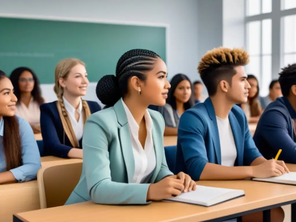 Vibrante intercambio estudiantil en aula universitaria moderna