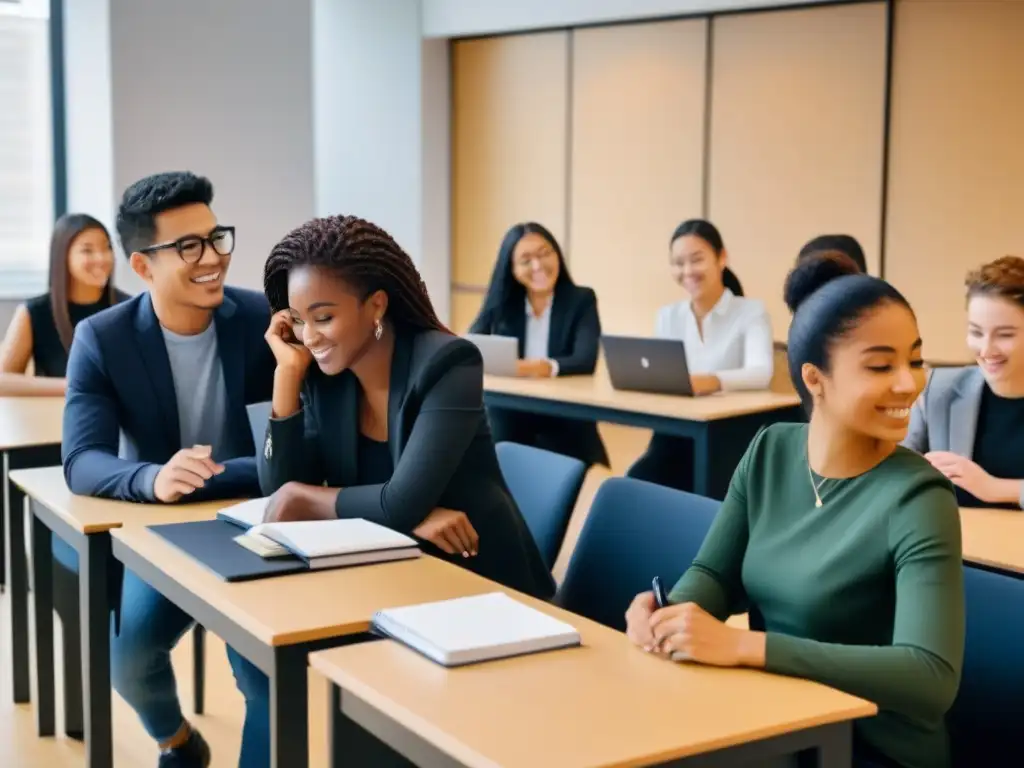 Vibrante intercambio lingüístico en aula moderna