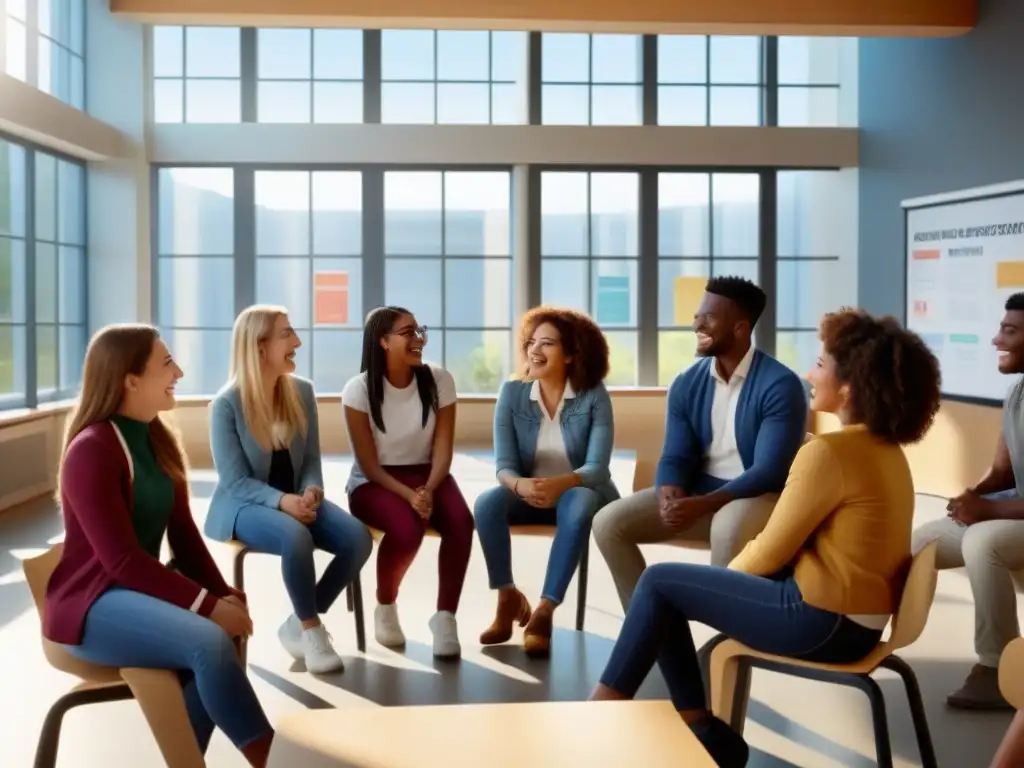 Conversación en francés: estudiantes entusiastas en aula moderna Vibrante Método Comunicativo enseñanza francés Uruguay en aula moderna con alumnos participando en animado círculo de conversación en francés