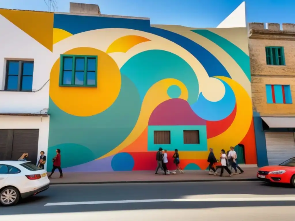 Colorida armonía urbana: mural abstracto en Uruguay Vibrante mural urbano en Uruguay, con formas y colores abstractos que se mezclan armoniosamente con la arquitectura circundante
