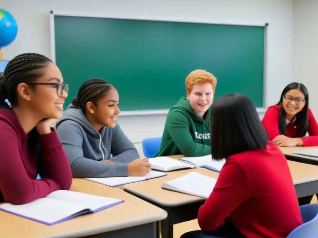 Vibrante participación de estudiantes en un aula inclusiva, colaborando y compartiendo ideas, demostrando los beneficios de la educación activa