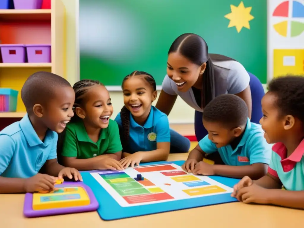 Un vibrante salón de clases donde niños juegan con entusiasmo y colaboración
