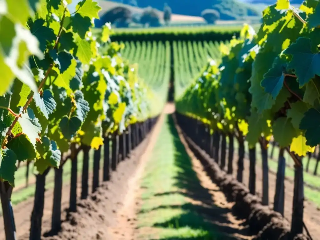 Un viñedo en Uruguay con certificaciones en agricultura, mostrando filas de uvas verdes bajo el sol