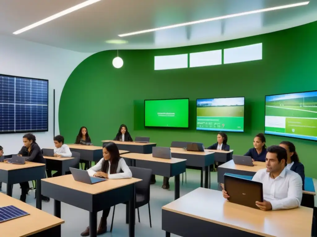 Una visión futurista de aula en Uruguay con tecnologías verdes en educación, estudiantes y profesor comprometidos