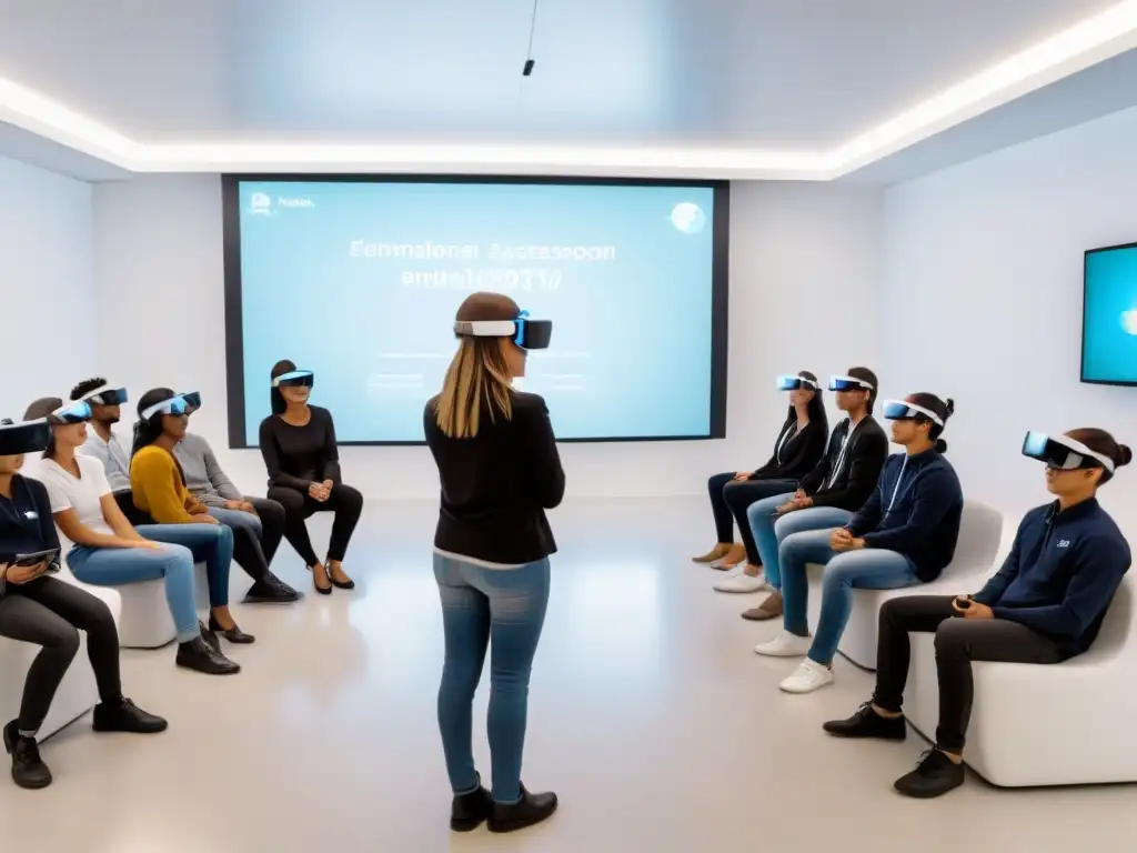 Una visión futurista: aula en Uruguay con estudiantes usando gafas de realidad aumentada, interactuando con contenido educativo virtual