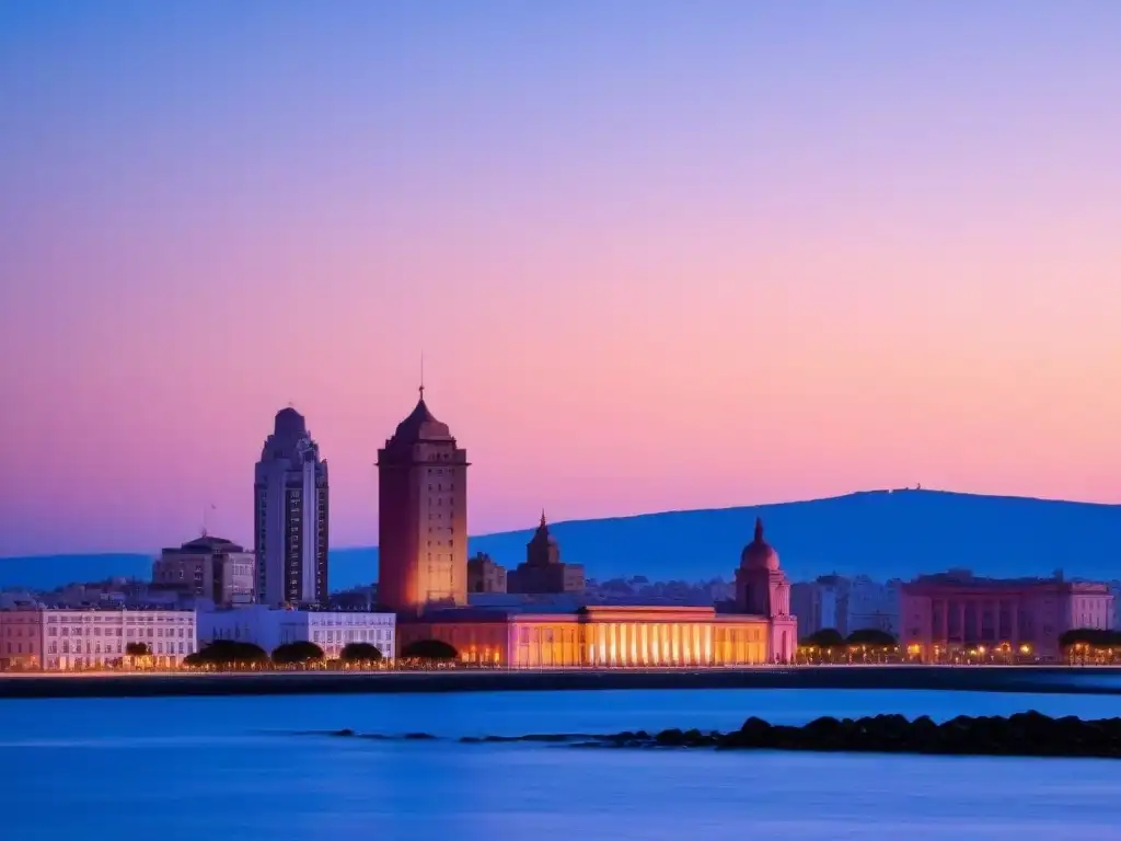 Vista al amanecer de Montevideo desde el Palacio Salvo y la Puerta de la Ciudadela, reflejando la tranquilidad matutina