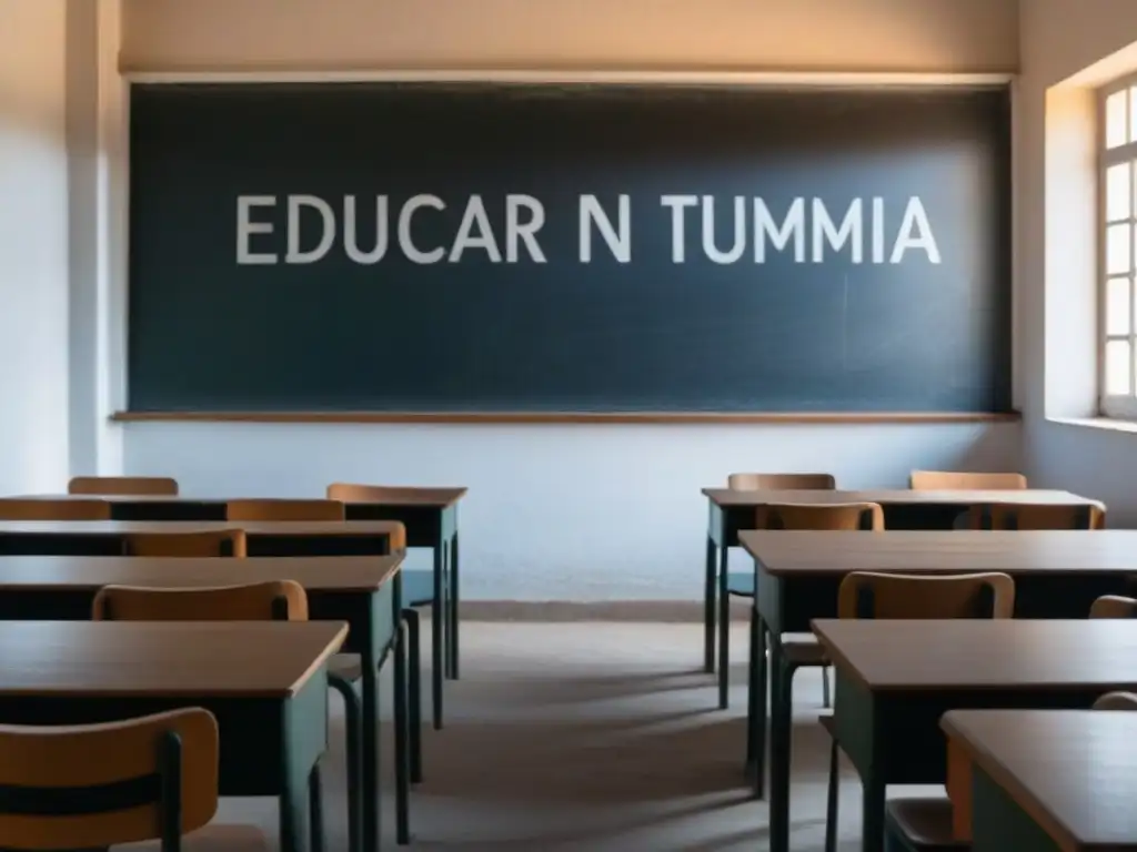 Vista detallada de un aula vacía en Uruguay con escritorio ordenado, pizarrón y rayo de luz, representando la educación en tiempos de pandemia