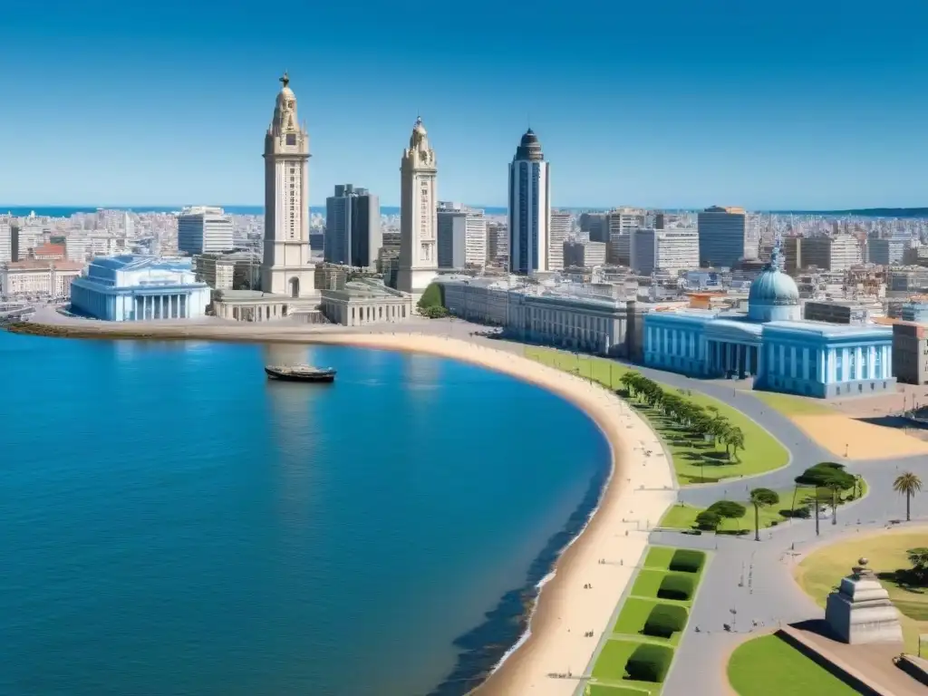 Vista detallada de Montevideo, Uruguay, con rascacielos modernos y monumentos históricos