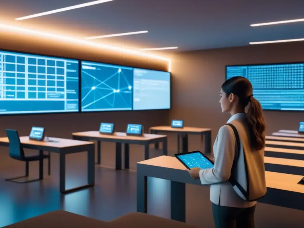 Aula futurista en Uruguay con tecnología blockchain Vista futurista de aulas con tecnología blockchain en Uruguay