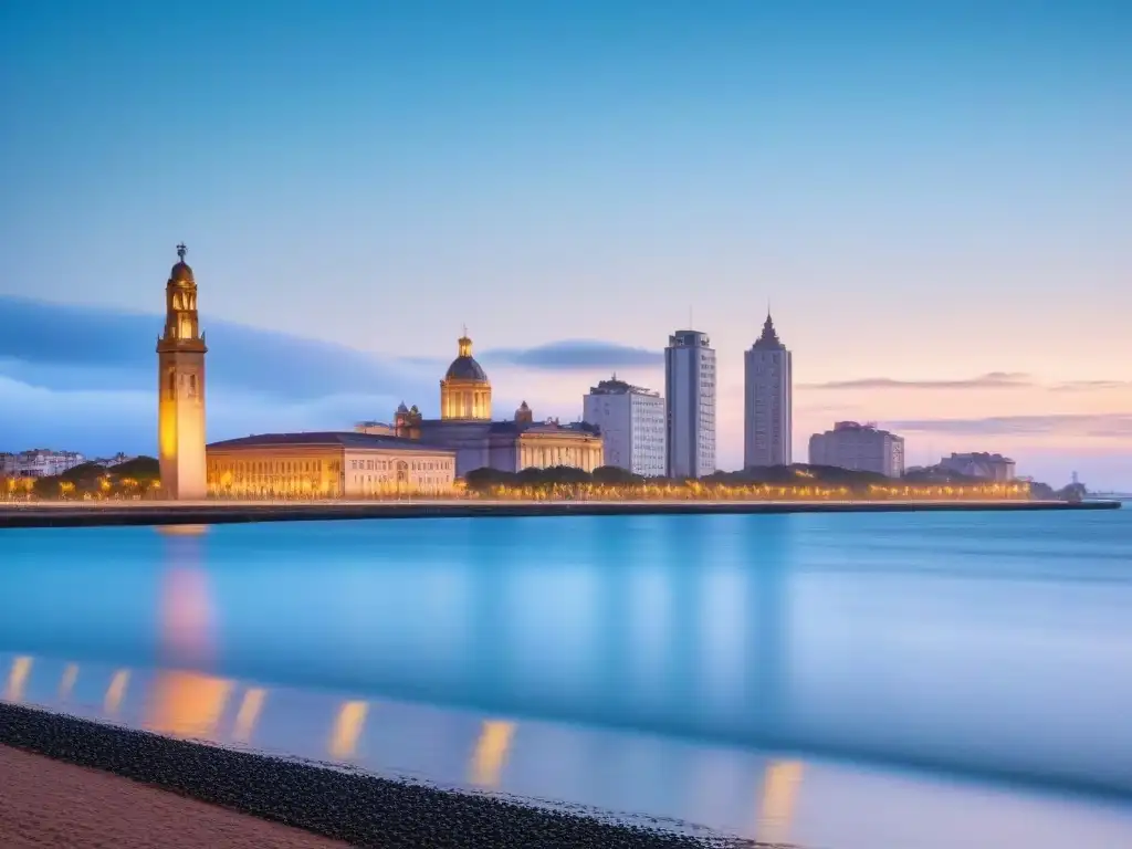 Vista minimalista del atardecer en Montevideo con el Palacio Salvo y el Río de la Plata, ideal para becas internacionales para estudiar en Uruguay