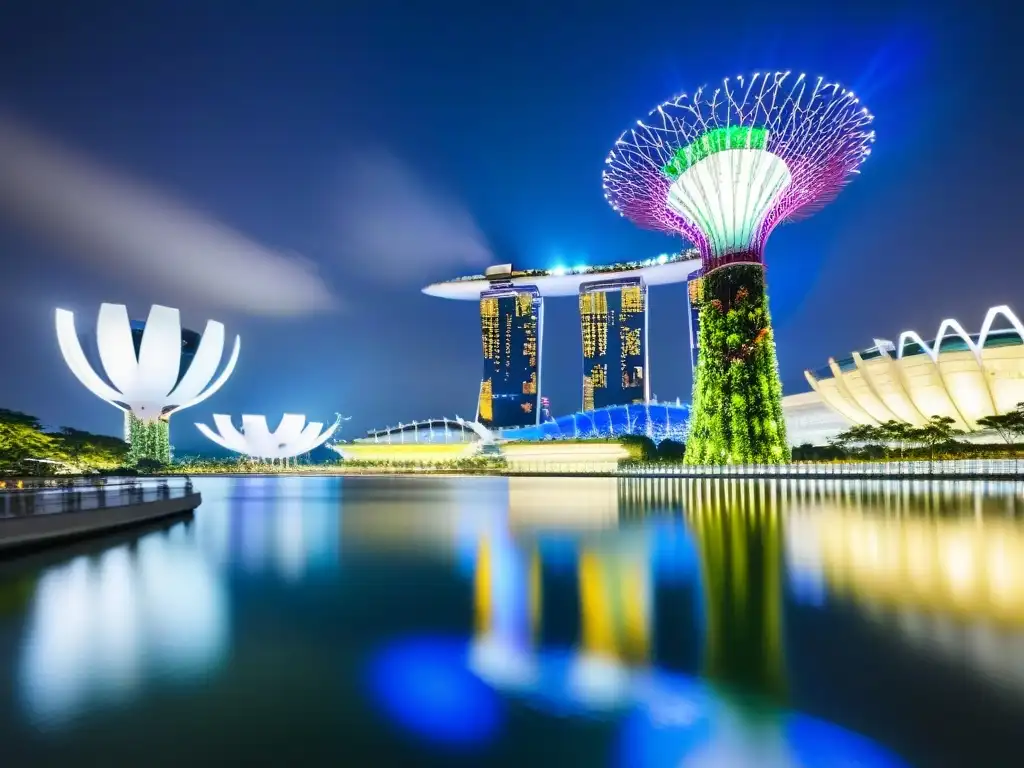 Vista nocturna de Singapur con el Marina Bay Sands y los Supertrees en Gardens by the Bay