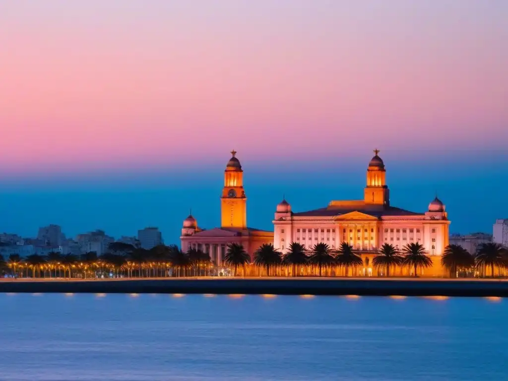 Vista serena del atardecer en Montevideo con el Palacio Salvo y el Río de la Plata