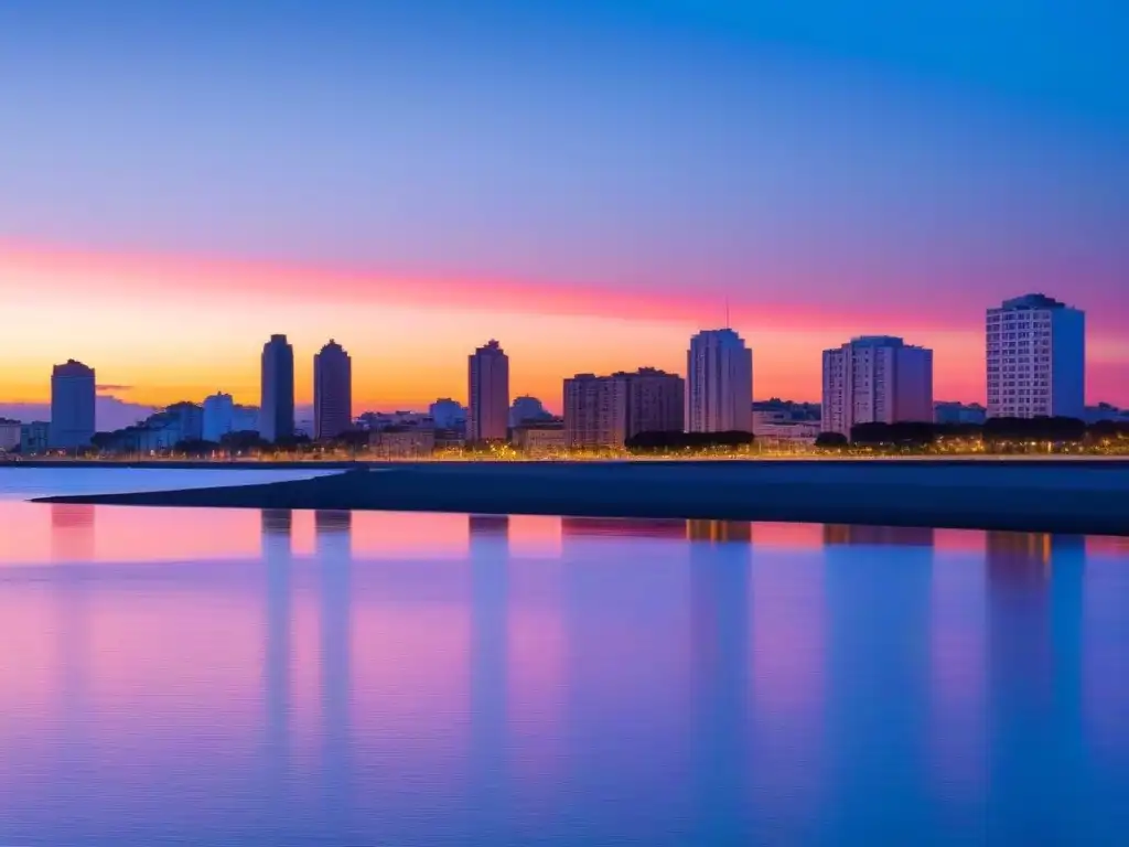 Vista serena de Montevideo al anochecer, con modernos edificios en silueta frente a un atardecer colorido sobre el Río de la Plata