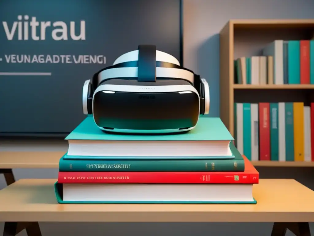 Una vista serena de Realidad Virtual integrada en la enseñanza de idiomas en Uruguay, mostrando libros y estudiantes diversos