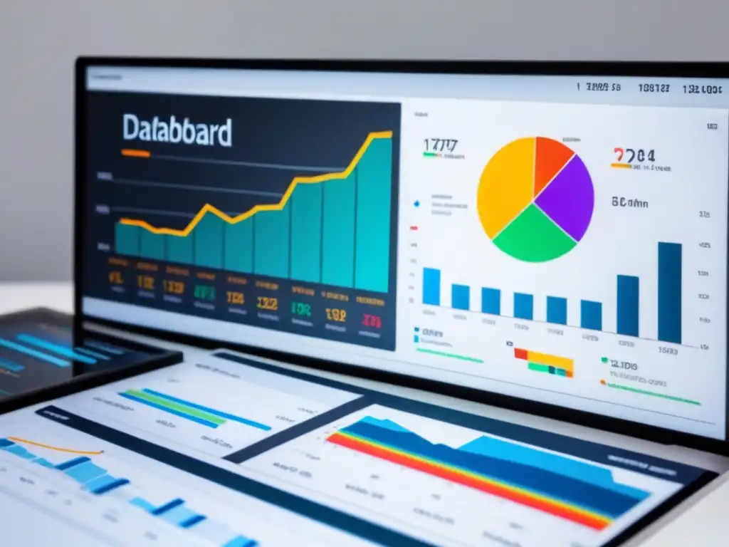 Una visualización de datos moderna y detallada en un panel de control, con gráficos y KPIs coloridos sobre fondo blanco